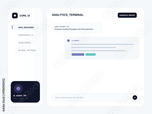 Analytics terminal, dashboard UI, data visualization screens, business intelligence interface