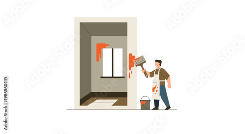 A man wearing a white protective apron and brown shirt uses a large brush to apply vibrant orange paint to an interior wall near a window in a room.