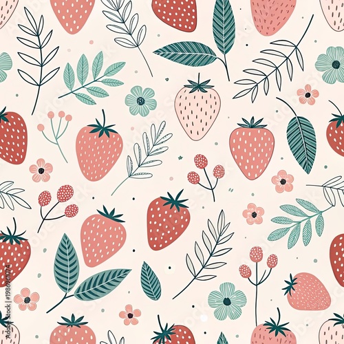 Cute strawberry doodle seamless pattern, playful pastel background