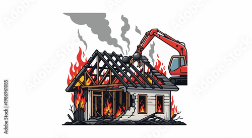 Red excavator demolishes burning house, flames engulf structure, smoke rises