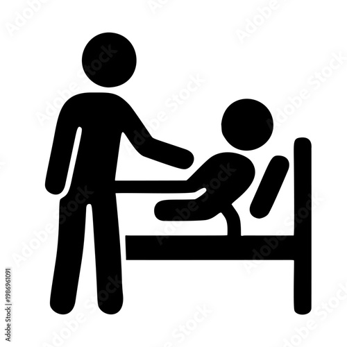 Black Silhouette Stick Figure Caregiver Assisting Patient in Bed Pictogram
