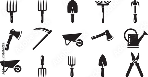 Gardening tools and equipment icons on white background