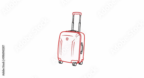 Red outlined rolling suitcase with extended handle and four wheels
