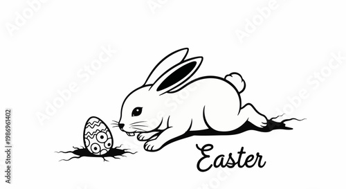 Playful rabbit finds a decorated egg