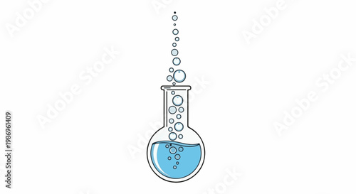 Round-bottom flask with blue liquid and rising bubbles