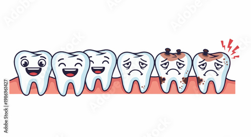 Row of cartoon teeth, some happy, some sad and decaying