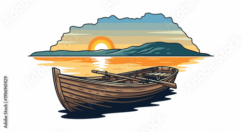 Rowboat on shimmering water with distant hills and setting sun