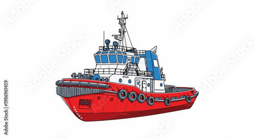 Red tugboat with white superstructure, blue windows, and fenders
