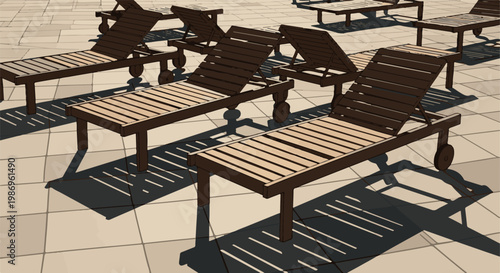 Rows of empty wooden lounge chairs casting striped shadows on a tiled surface