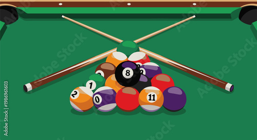 Pool table with racked balls and cues