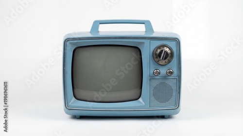 A vintage blue portable television set with a carrying handle and a small screen display unit