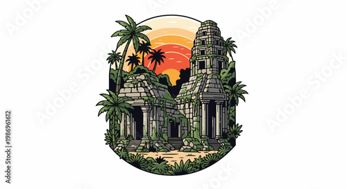 Ruined ancient stone temple overgrown with moss and palms at sunset