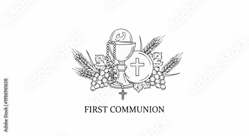 Religious symbols chalice, wafer, cross, rosary, grapes, and wheat