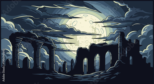 Ruined ancient structures under a cloudy, full moon sky in a pixel art style
