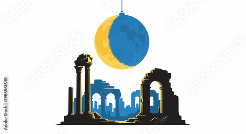 Ruined ancient structures under a crescent moon