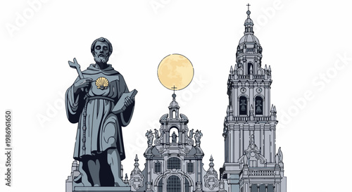Religious statue stands before ornate cathedral with large full moon