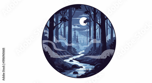 Pixelated moonlit forest with a stream and mist