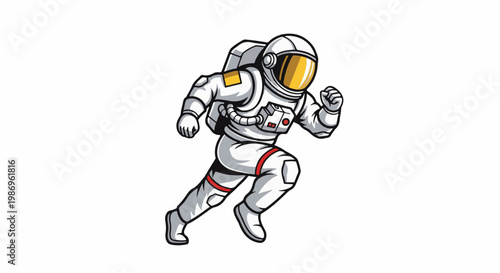 Running astronaut in full gear, moving forward with determination