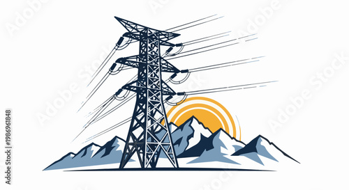 Power lines cross a mountainous landscape with a stylized sun behind the peaks