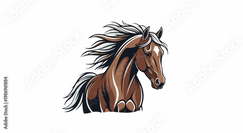 Powerful brown horse with a flowing mane and tail, depicted in profile