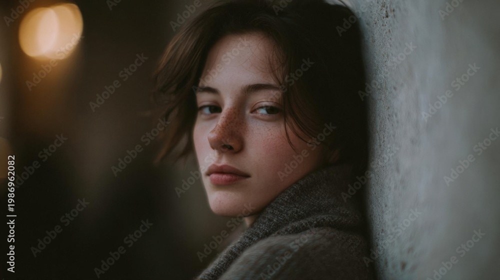 Fototapeta premium Close-up portrait of a young woman's face. she is leaning against a white wall with her head slightly tilted to the side. her hair is styled in loose waves and falls over her shoulders.
