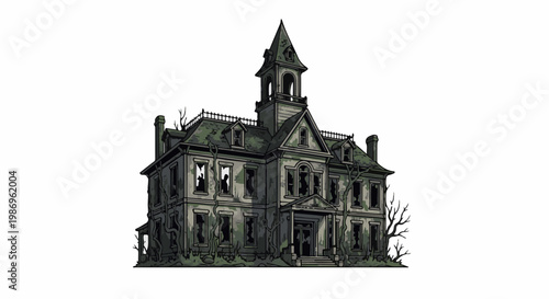 Pixel art of a spooky, dilapidated Victorian mansion with a central tower