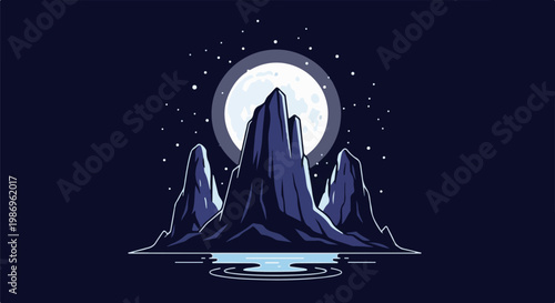 Pixelated mountains and moonlit water reflection in dark sky