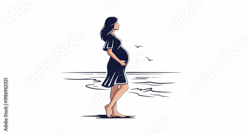 Pregnant woman in a dress stands by the sea, looking out at the ocean with birds flying