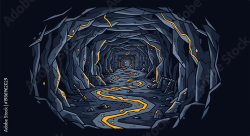 Pixelated cavern with glowing river and mine shaft entrance