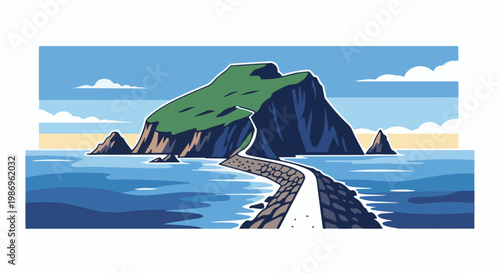 Pixel art of a stone causeway leading to a green, rocky island across blue sea