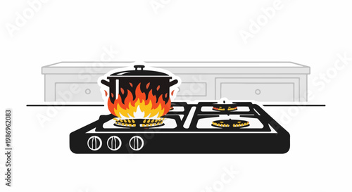 Pot boiling on a gas stove with flames and a kitchen counter in the background