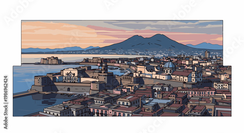 Pixelated cityscape with a volcanic mountain and coastal fort at sunset