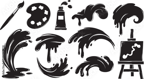 Black paint splatters and art supplies illustration set