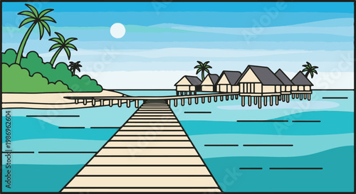 Overwater bungalows and a wooden pier lead to a tropical island