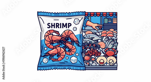 Packaged shrimp next to fresh seafood display at a market stall