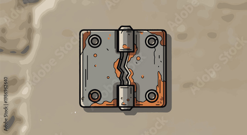 Rust-covered, broken hinge with a torn metal middle on a textured background