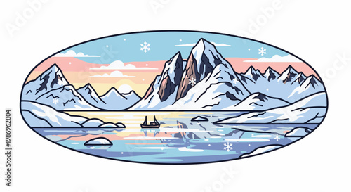 Pixel art snow-capped mountains and icy water with a boat