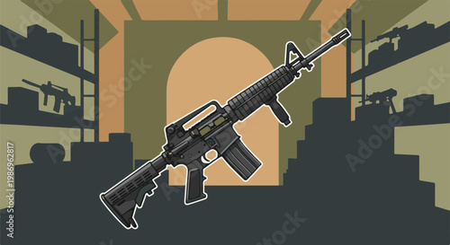 Pixelated rifle displayed in a dimly lit showroom with other firearms