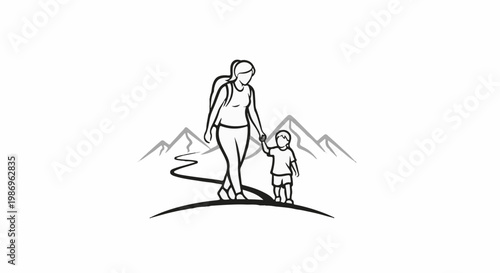 Parent and child hike a mountain path with backpacks