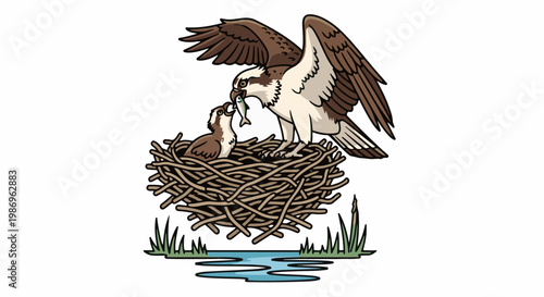 Parent bird feeds fish to chick in nest by water with grass