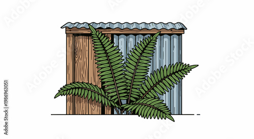 Rustic shed with corrugated roof shelters wooden planks and fern leaves