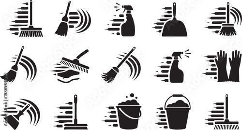 Cleaning tools and supplies icon set collection