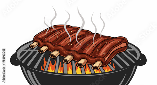 Ribs cooking on a grill over a fire, with steam rising