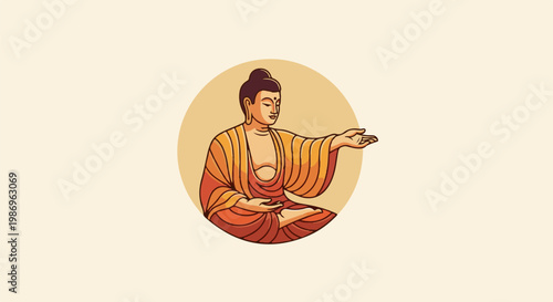 Peaceful Buddha in meditation posture, rendered in a warm, illustrative style