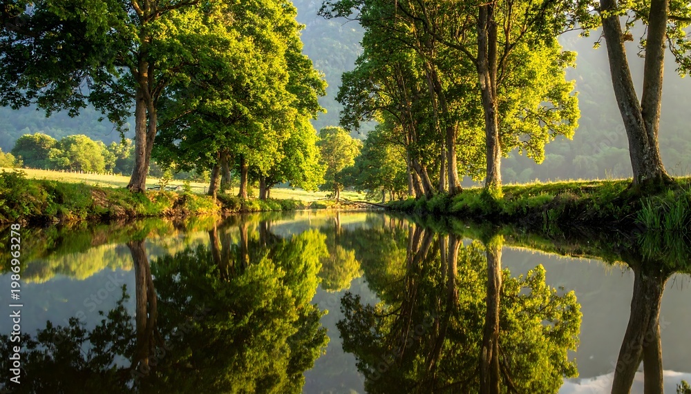 Fototapeta premium A serene waterscape mirrors a row of trees with lush green canopies, basking in the soft sunlight's glow, against a distant mountainous backdrop