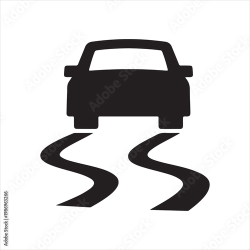 Black icon of a car with wavy tire tracks below it representing a slippery road warning sign.