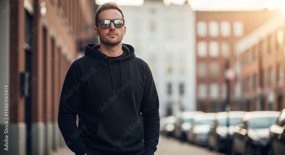 Fototapeta premium Confident man wearing sunglasses and black hoodie standing on a city street with parked cars