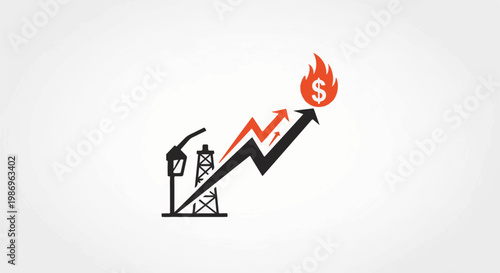 Rising graph with gas pump, oil rig, burning dollar