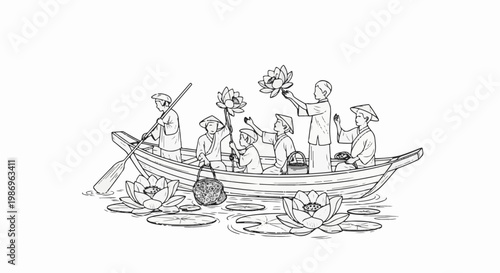 People in a boat collecting water lilies, an idyllic scene