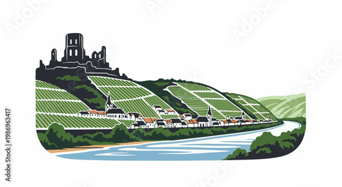 Riverfront village nestled among vineyard-covered hills, crowned by castle ruins